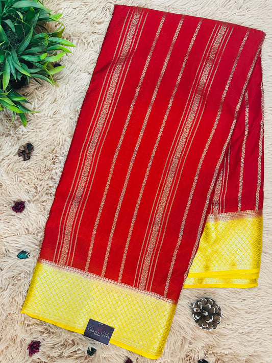 Red Premium KSIC Mysore Crepe Silk Saree With Vertical Stripes (Contrast Border)