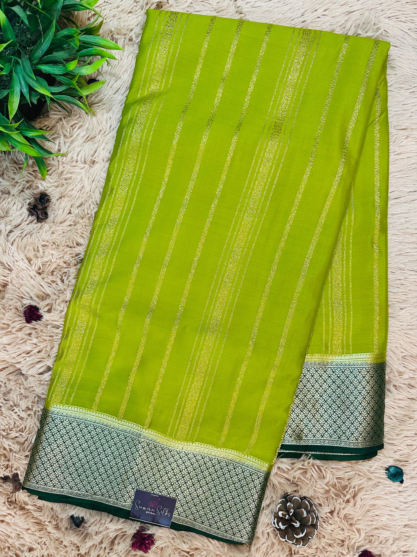 Green Premium KSIC Mysore Crepe Silk Saree With Vertical Stripes (Contrast Border)