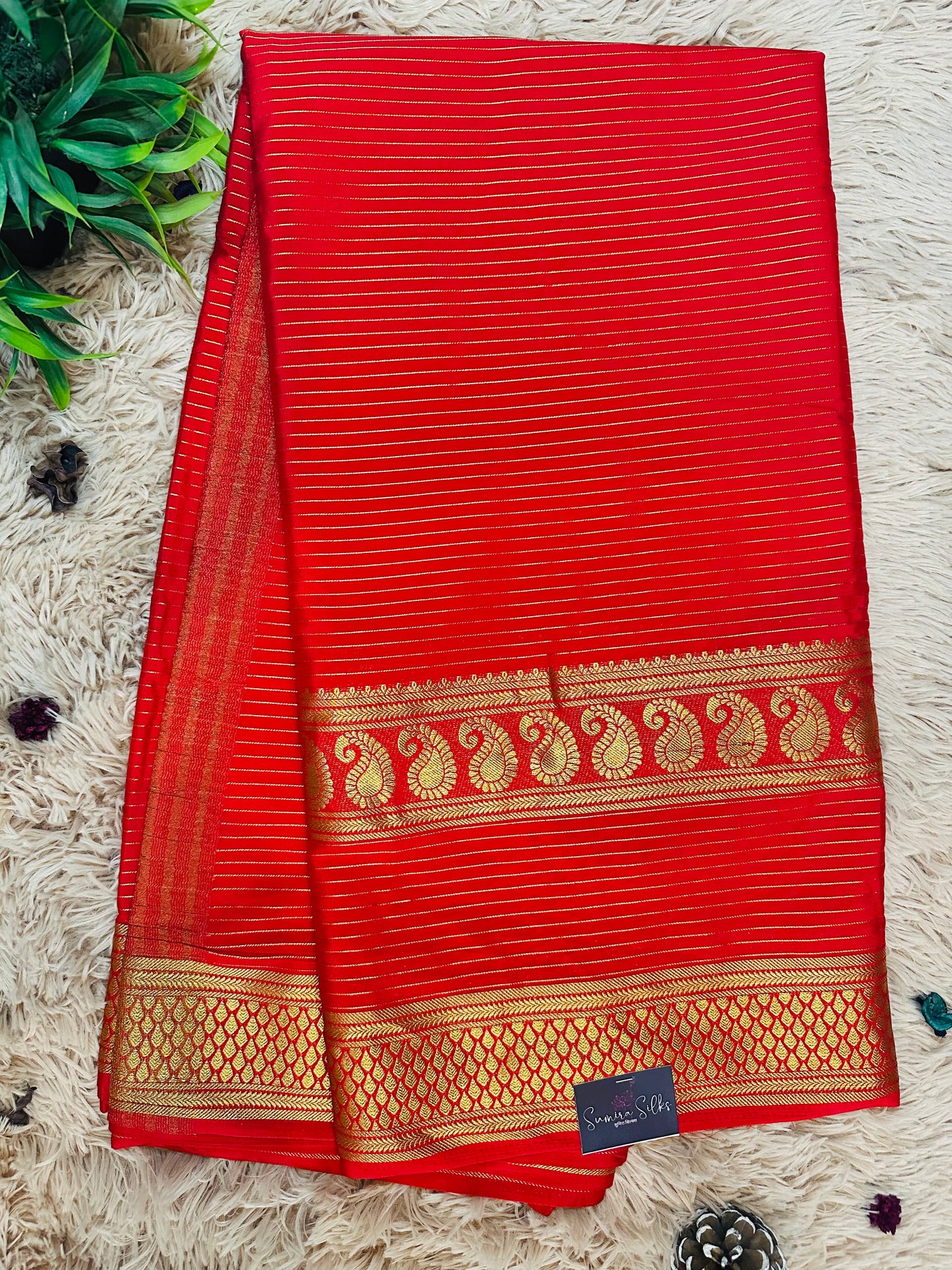 Red Premium KSIC Mysore Crepe Silk Saree with Mango Border(Zari Stripes)