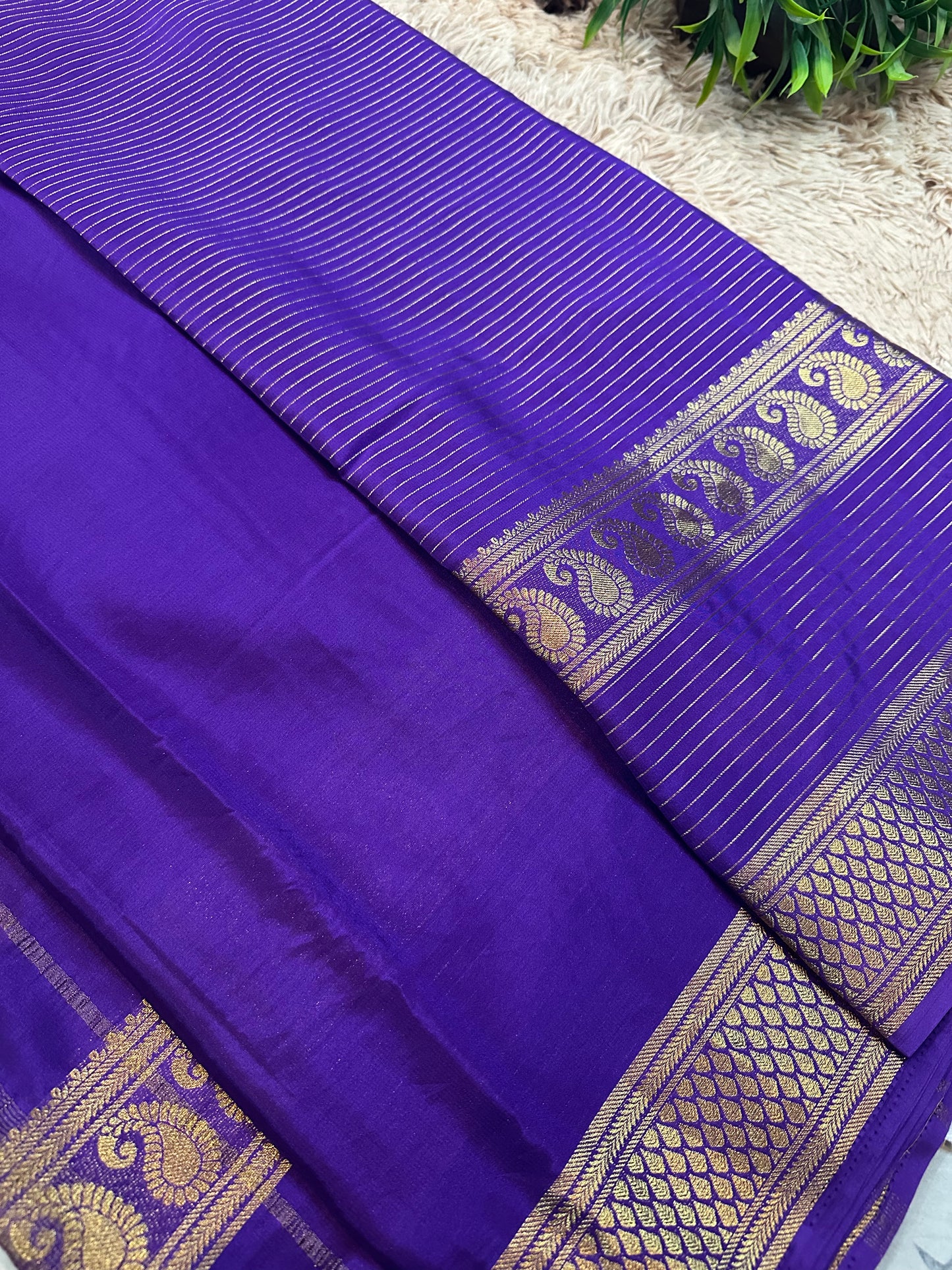 Purple Premium KSIC Mysore Crepe Silk Saree with Mango Border(Zari Stripes)