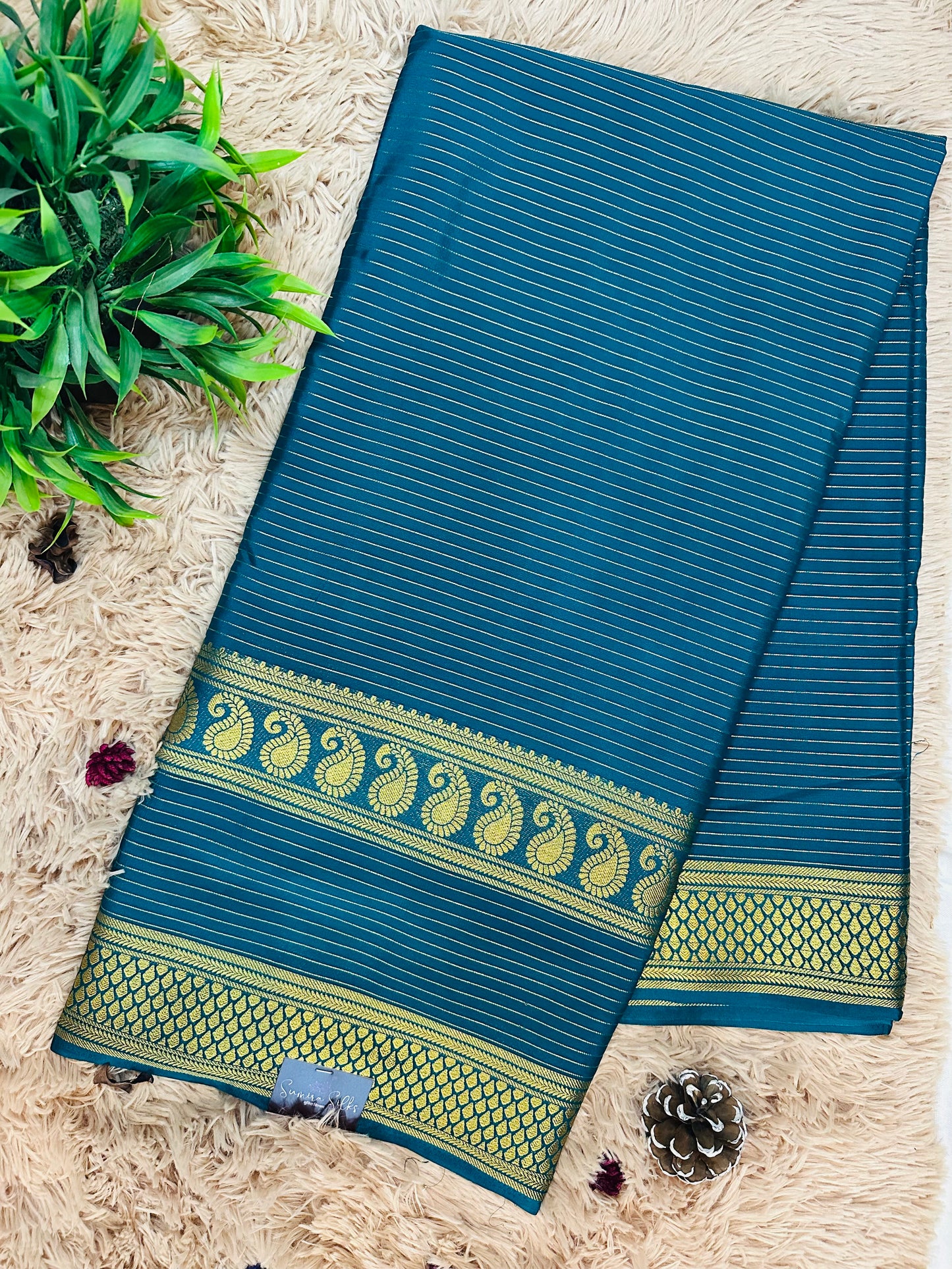 Teal Blue Premium KSIC Mysore Crepe Silk Saree with Mango Border(Zari Stripes)