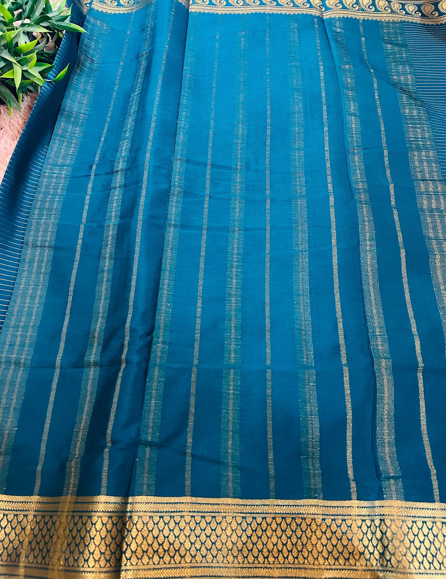 Teal Blue Premium KSIC Mysore Crepe Silk Saree with Mango Border(Zari Stripes)