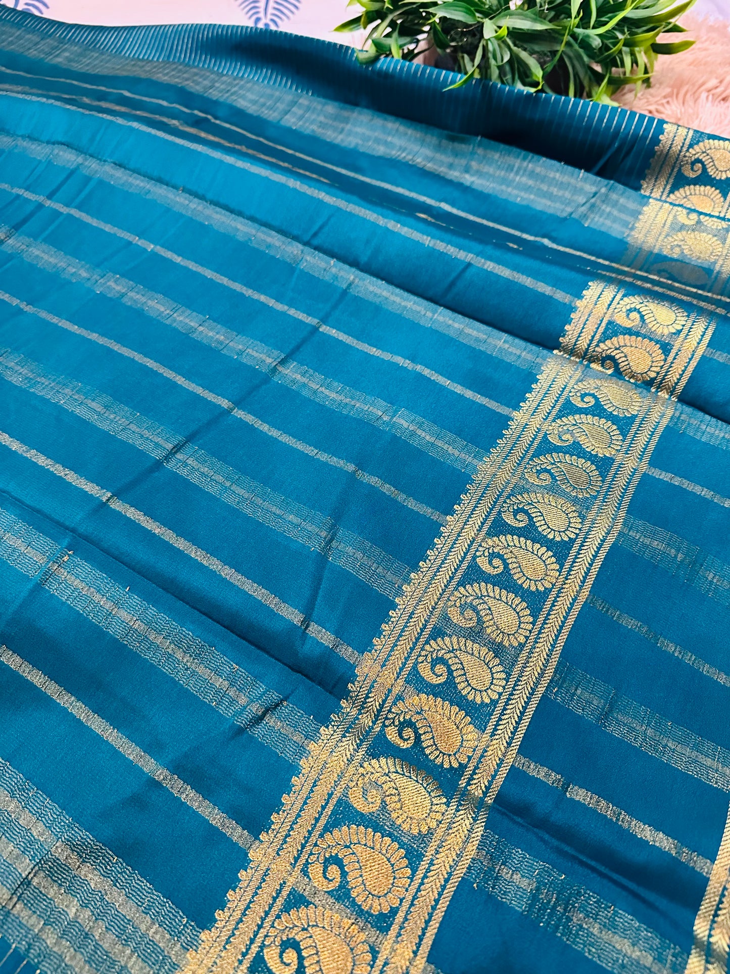 Teal Blue Premium KSIC Mysore Crepe Silk Saree with Mango Border(Zari Stripes)