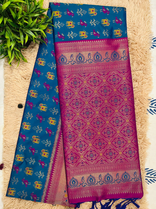 Blue Semi Patola Silk Ikkat Handwoven Saree (Bird Motifs)