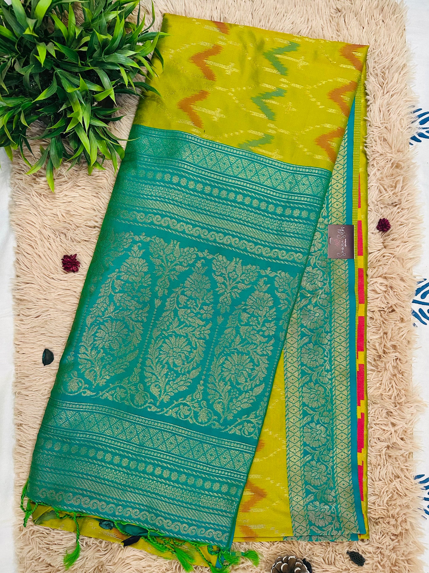 Lime Green Semi Patola Silk Ikkat Handwoven Saree