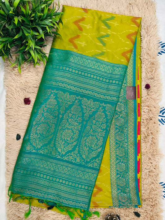 Lime Green Semi Patola Silk Ikkat Handwoven Saree