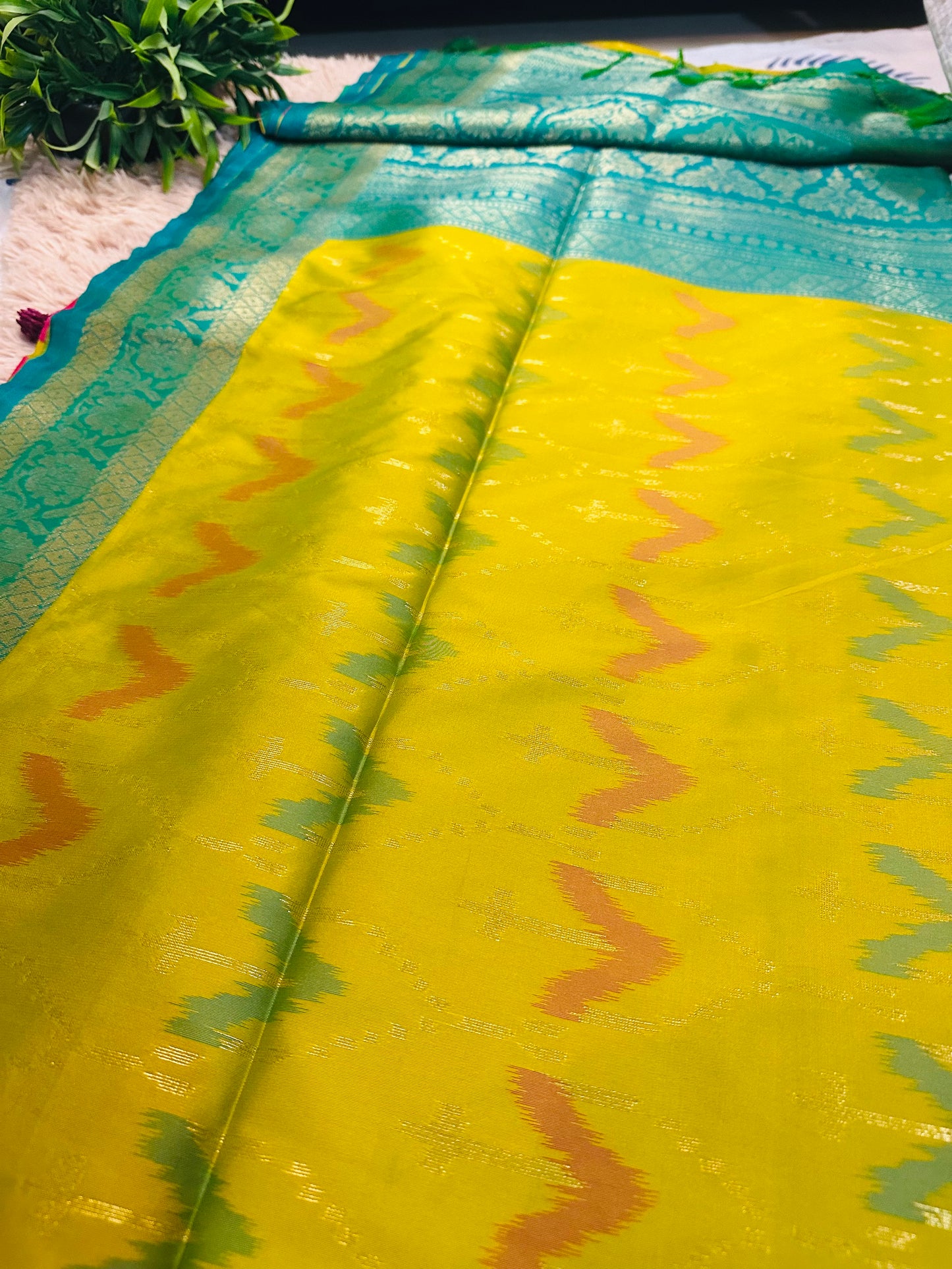 Lime Green Semi Patola Silk Ikkat Handwoven Saree