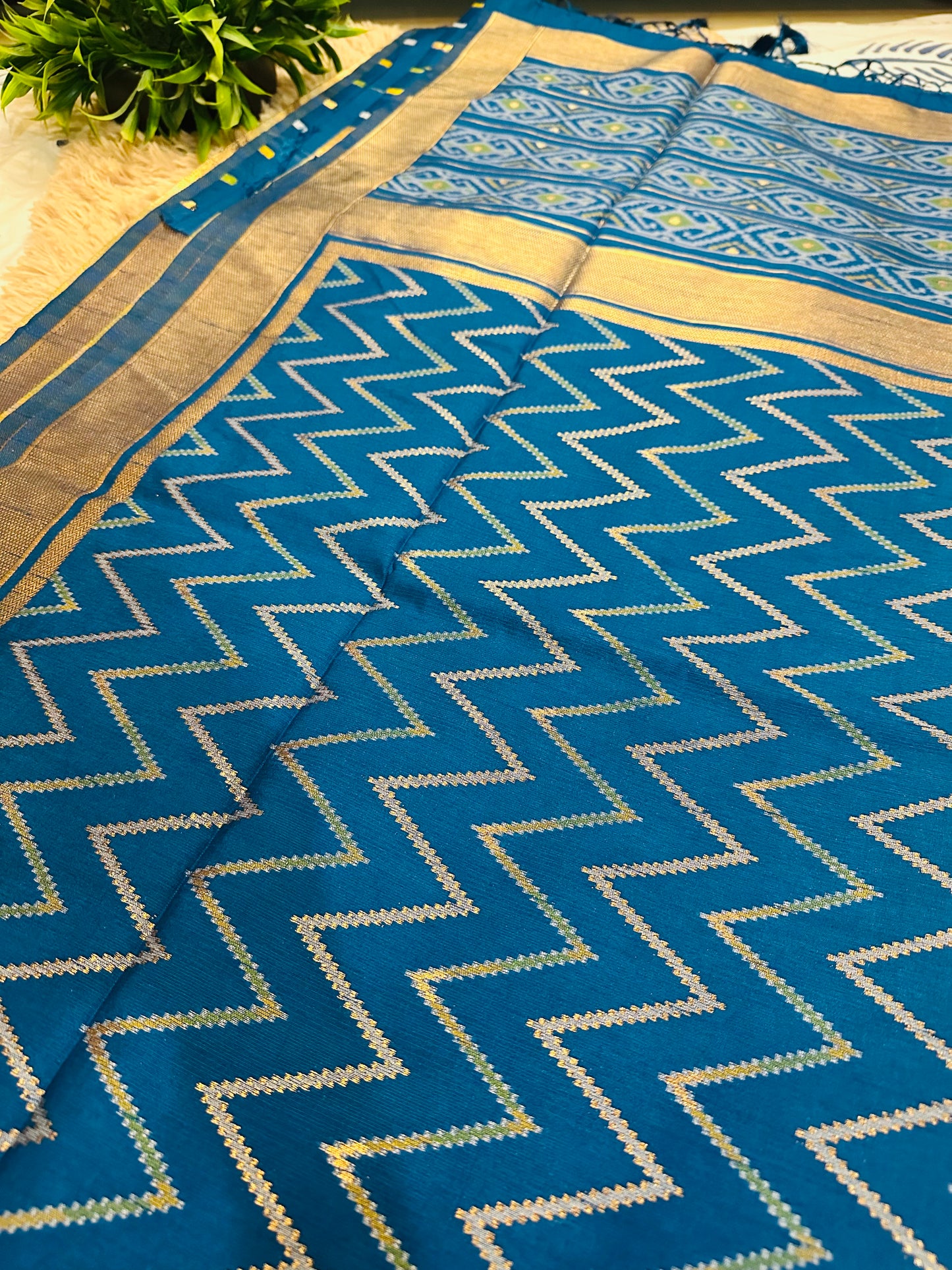 Blue Semi Patola Tussar Silk Handwoven Saree