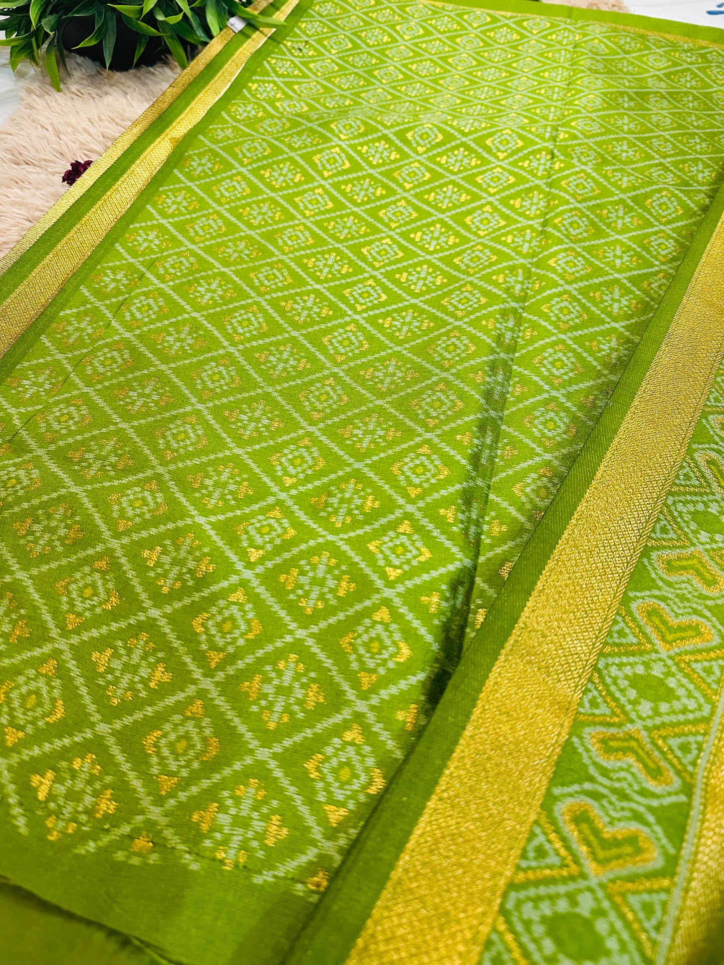 Green Semi Patola Tussar Silk Handwoven Saree