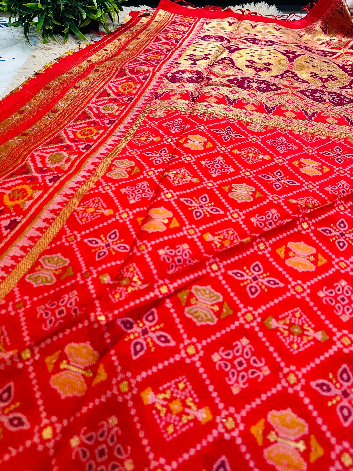 Red Semi Patola Tussar Silk Handwoven Saree