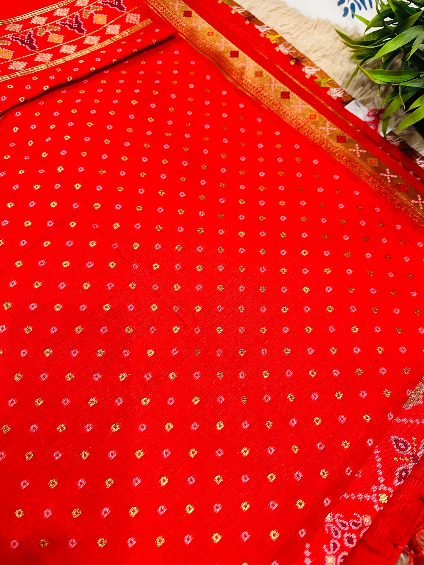 Red Semi Patola Tussar Silk Handwoven Saree