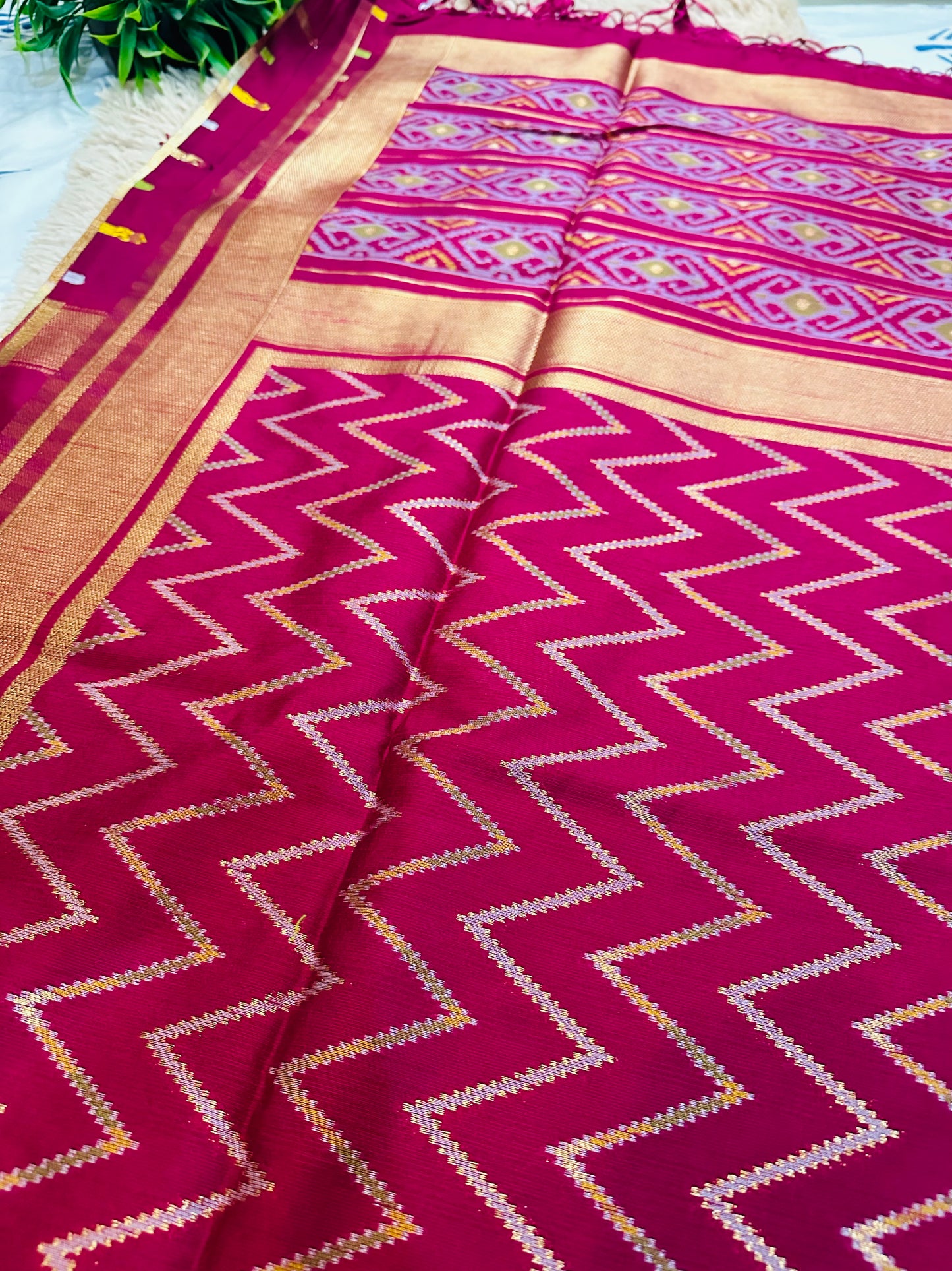 Magenta Pink Semi Patola Tussar Silk Handwoven Saree