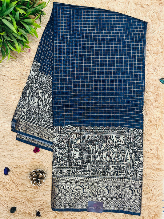 Dark Navy Blue Pure Viscose 3D Digital Printed Saree With Zari Border