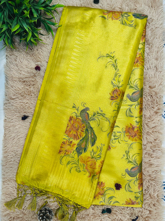 Lime Green Tissue Silk Peacock and Floral Handwoven Saree