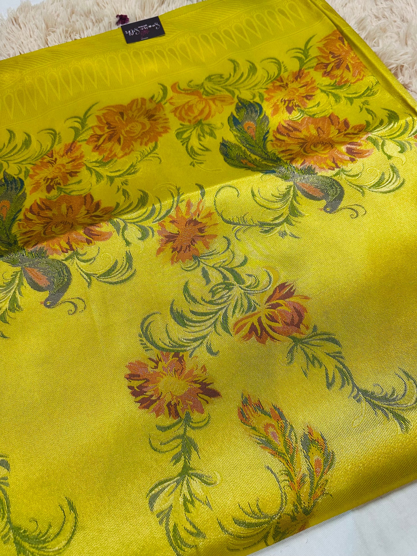 Lime Green Tissue Silk Peacock and Floral Handwoven Saree