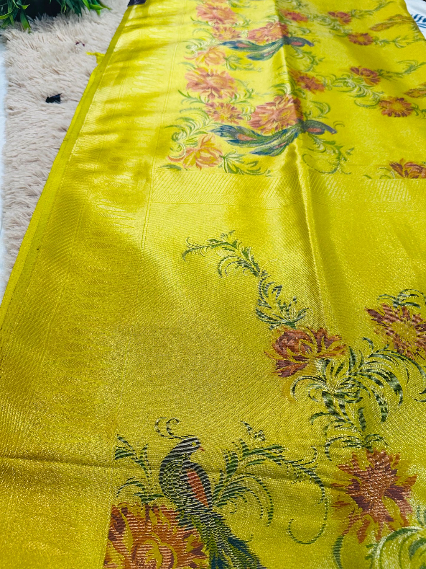 Lime Green Tissue Silk Peacock and Floral Handwoven Saree