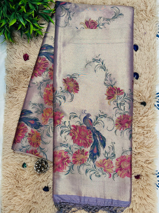 Glossy Light Purple Silk Peacock and Floral Handwoven Saree