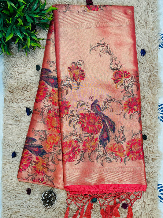 Scarlet Red Tissue Silk Peacock and Floral Handwoven Saree