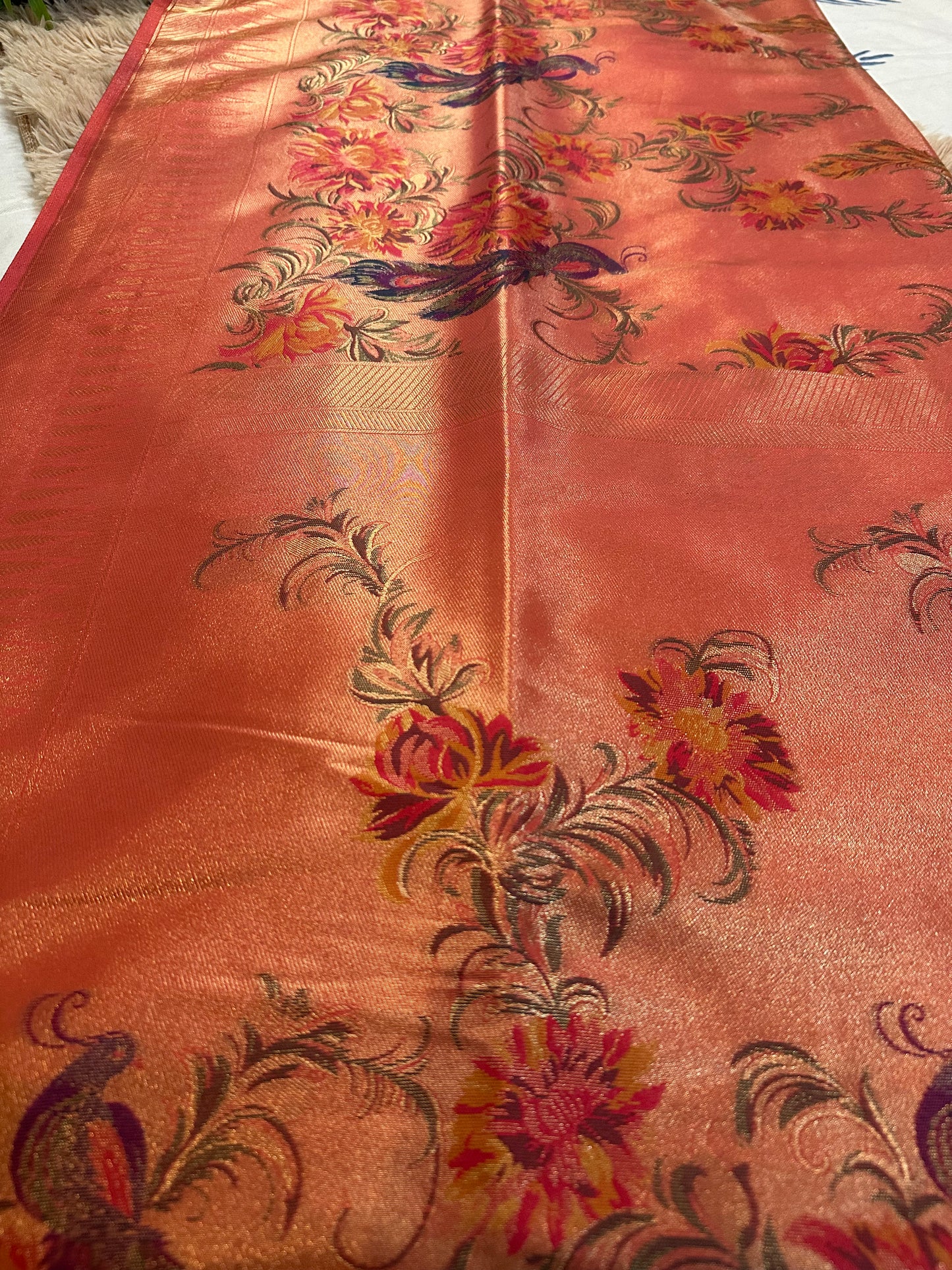 Scarlet Red Tissue Silk Peacock and Floral Handwoven Saree