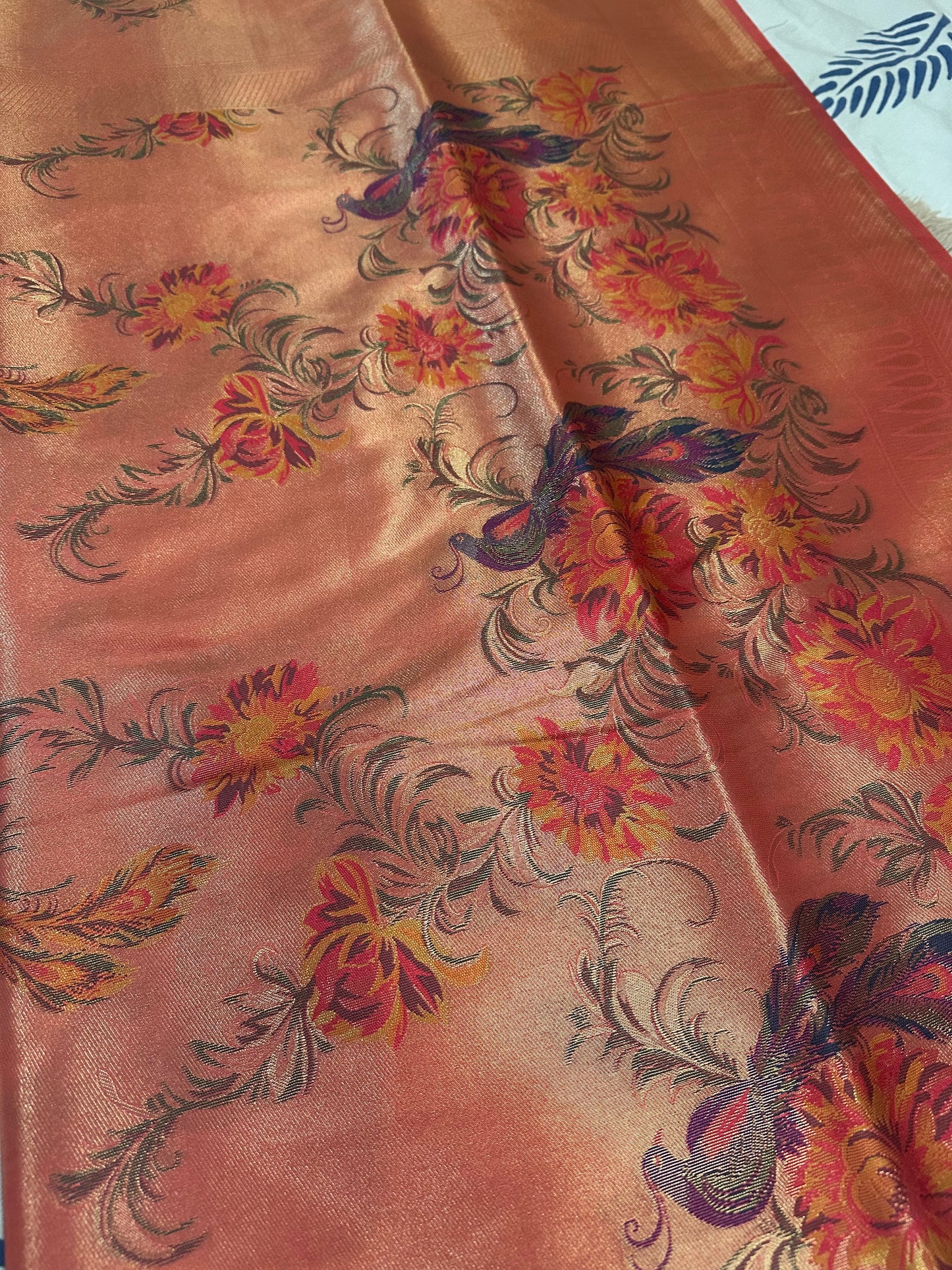 Scarlet Red Tissue Silk Peacock and Floral Handwoven Saree