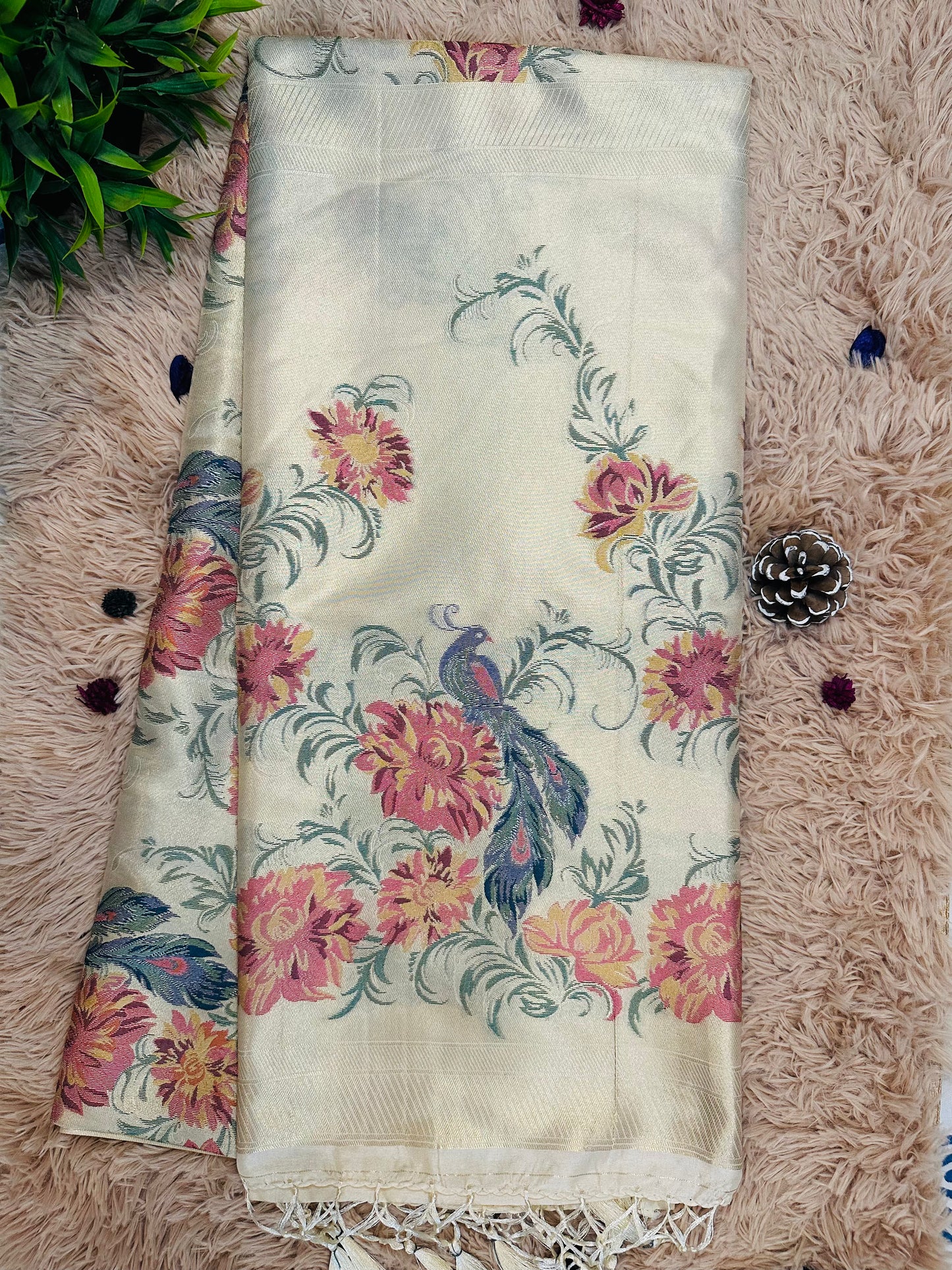 Cream Tissue Silk Peacock and Floral Handwoven Saree