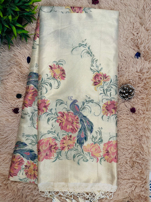 Cream Tissue Silk Peacock and Floral Handwoven Saree