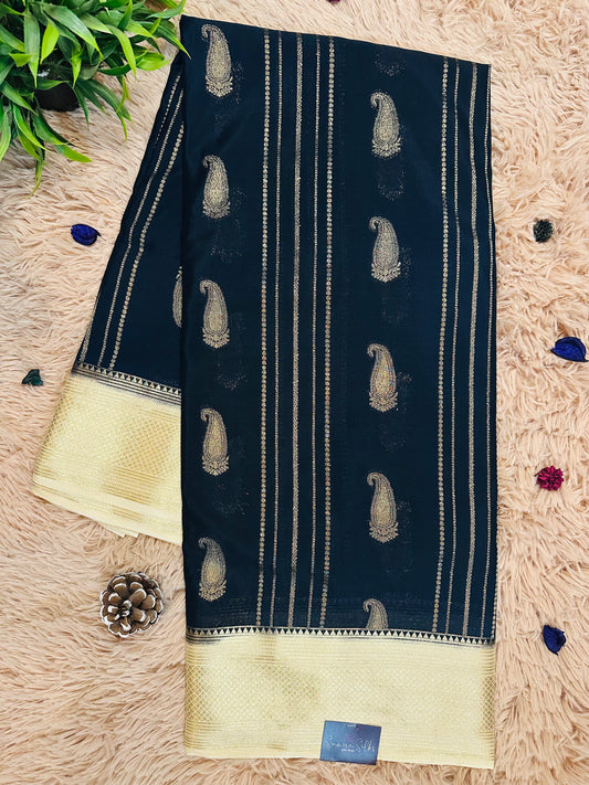 Black Premium KSIC Mysore Crepe Silk Saree With Vertical Stripes and Mango Motifs(Contrast Border)