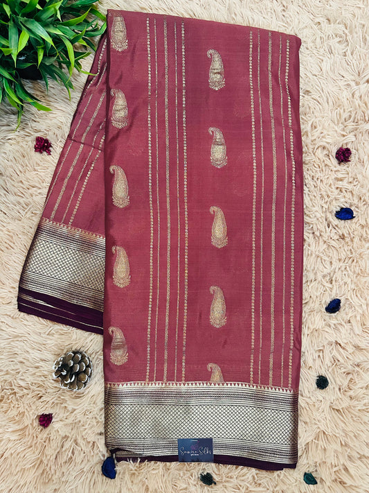 Dusty Pink Premium KSIC Mysore Crepe Silk Saree With Vertical Stripes and Mango Motifs(Contrast Border)