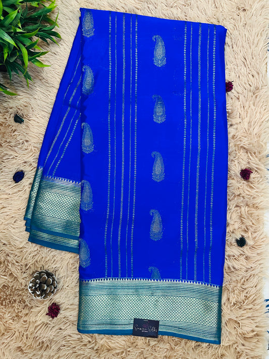 Bright Blue Premium KSIC Mysore Crepe Silk Saree With Vertical Stripes and Mango Motifs(Contrast Border)