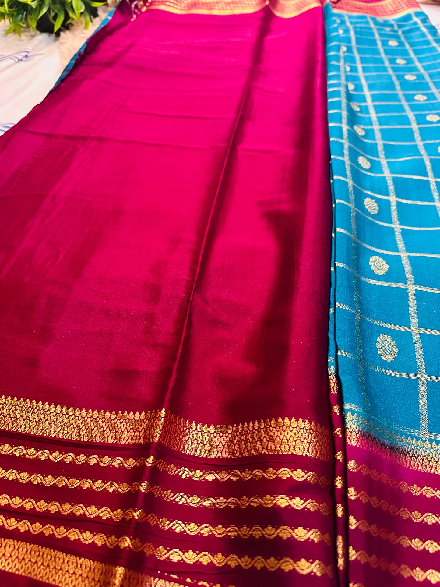 Sky Blue Premium KSIC Mysore Crepe Silk Saree With Zari Stripes (Contrast Border)