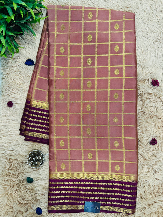 Mauve Premium KSIC Mysore Crepe Silk Saree With Zari Stripes (Contrast Border)