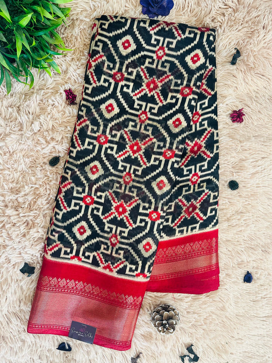 Black Abstract Silk Saree with Zari Border