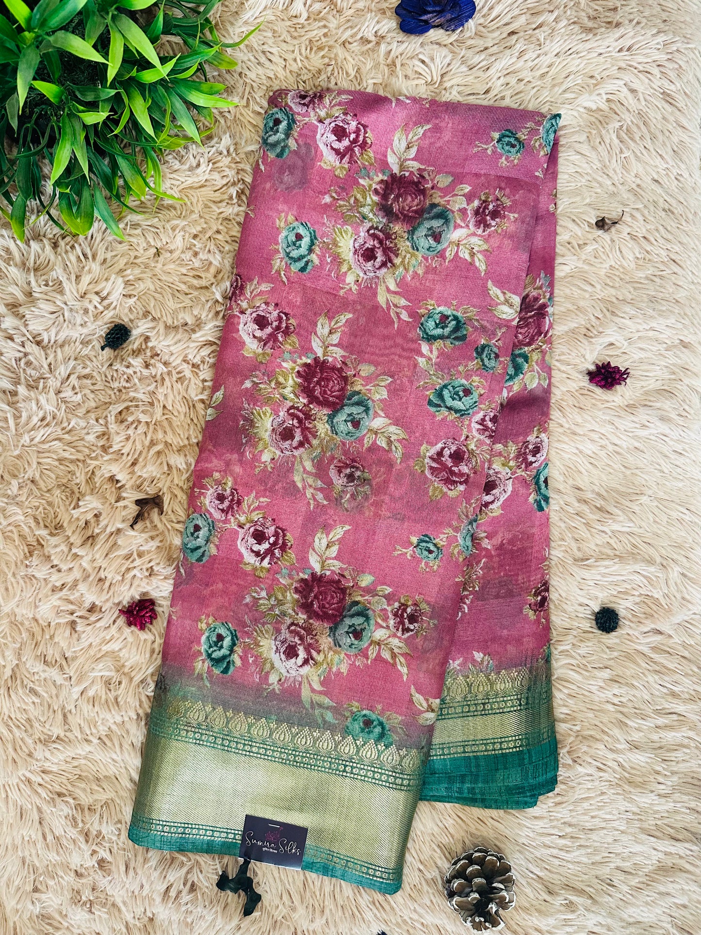 Light Pink Floral Silk Saree with Zari Border