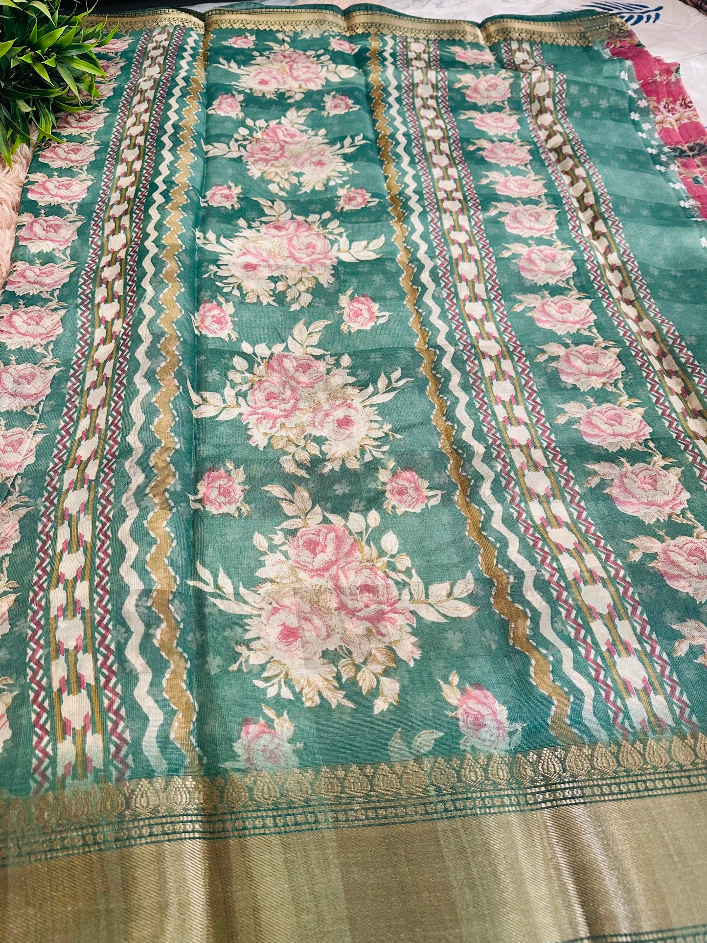 Light Pink Floral Silk Saree with Zari Border