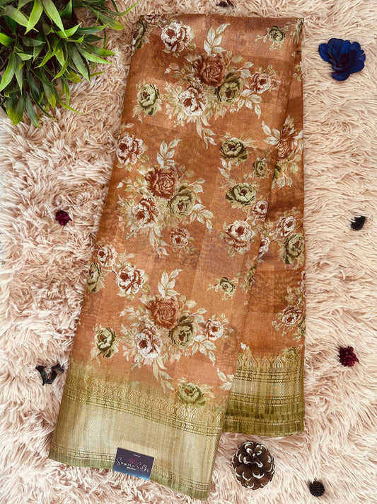 Light Brown Floral Silk Saree with Zari Border