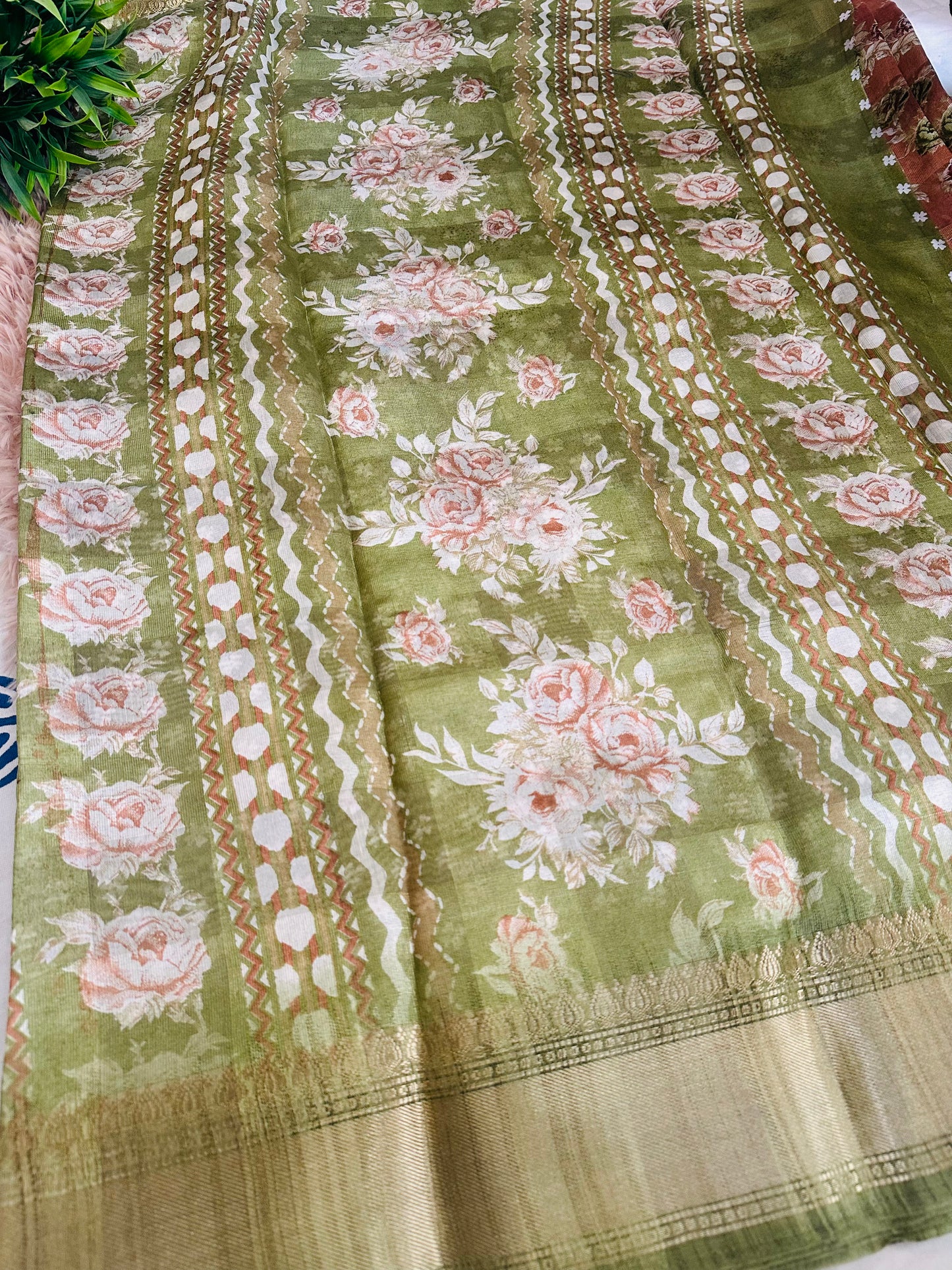 Light Brown Floral Silk Saree with Zari Border