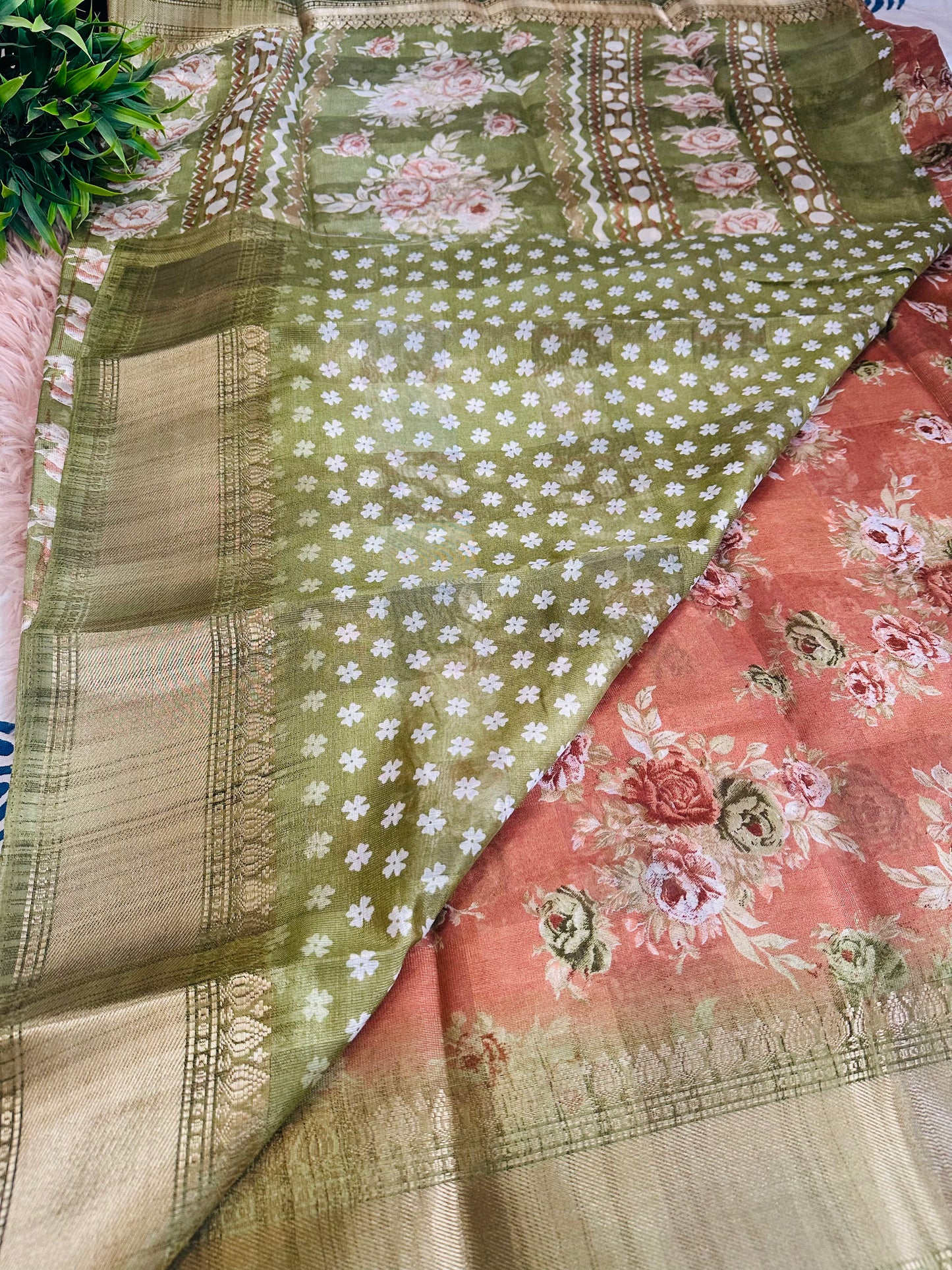 Light Brown Floral Silk Saree with Zari Border