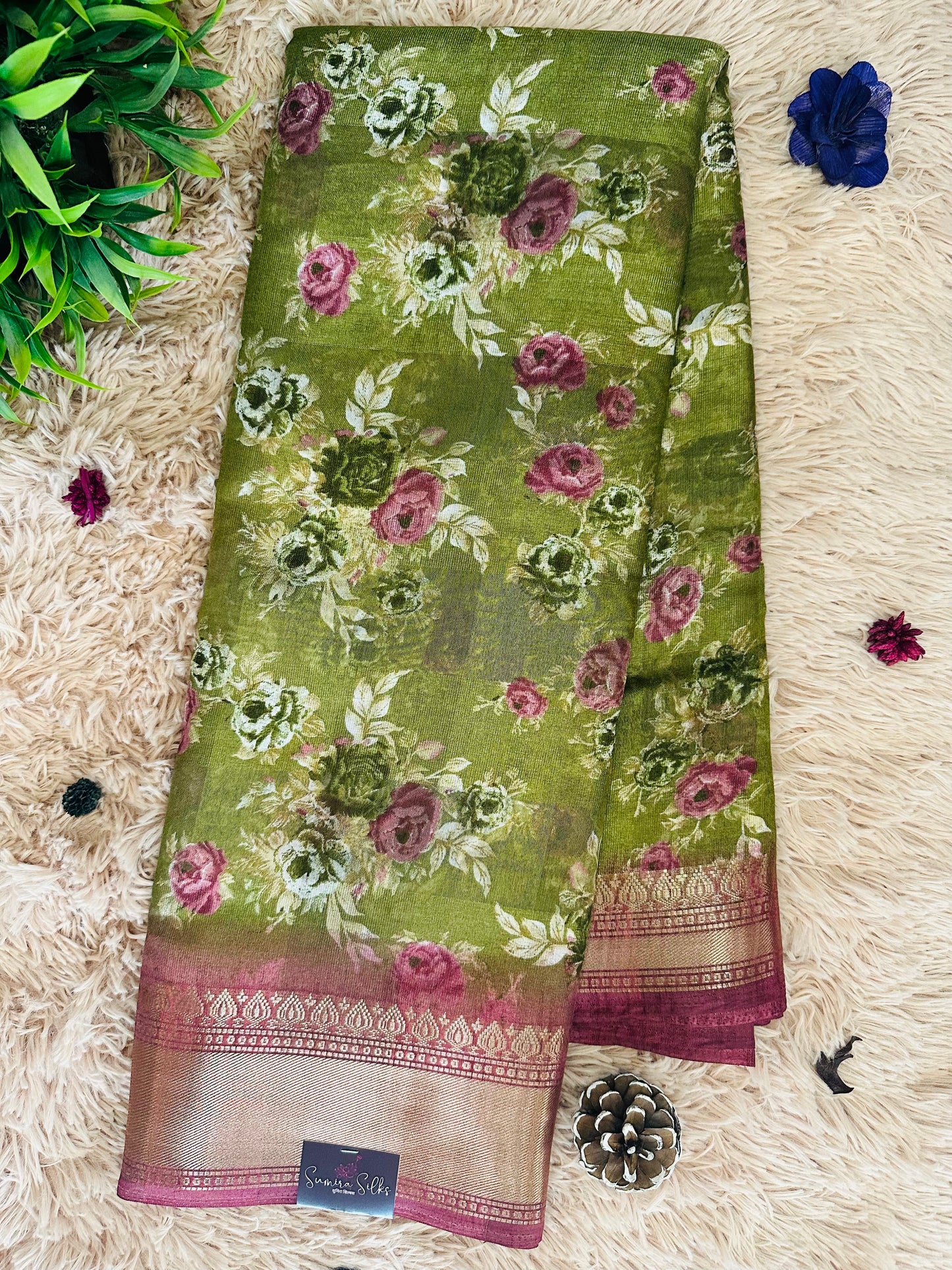 Pista Green Floral Silk Saree with Zari Border