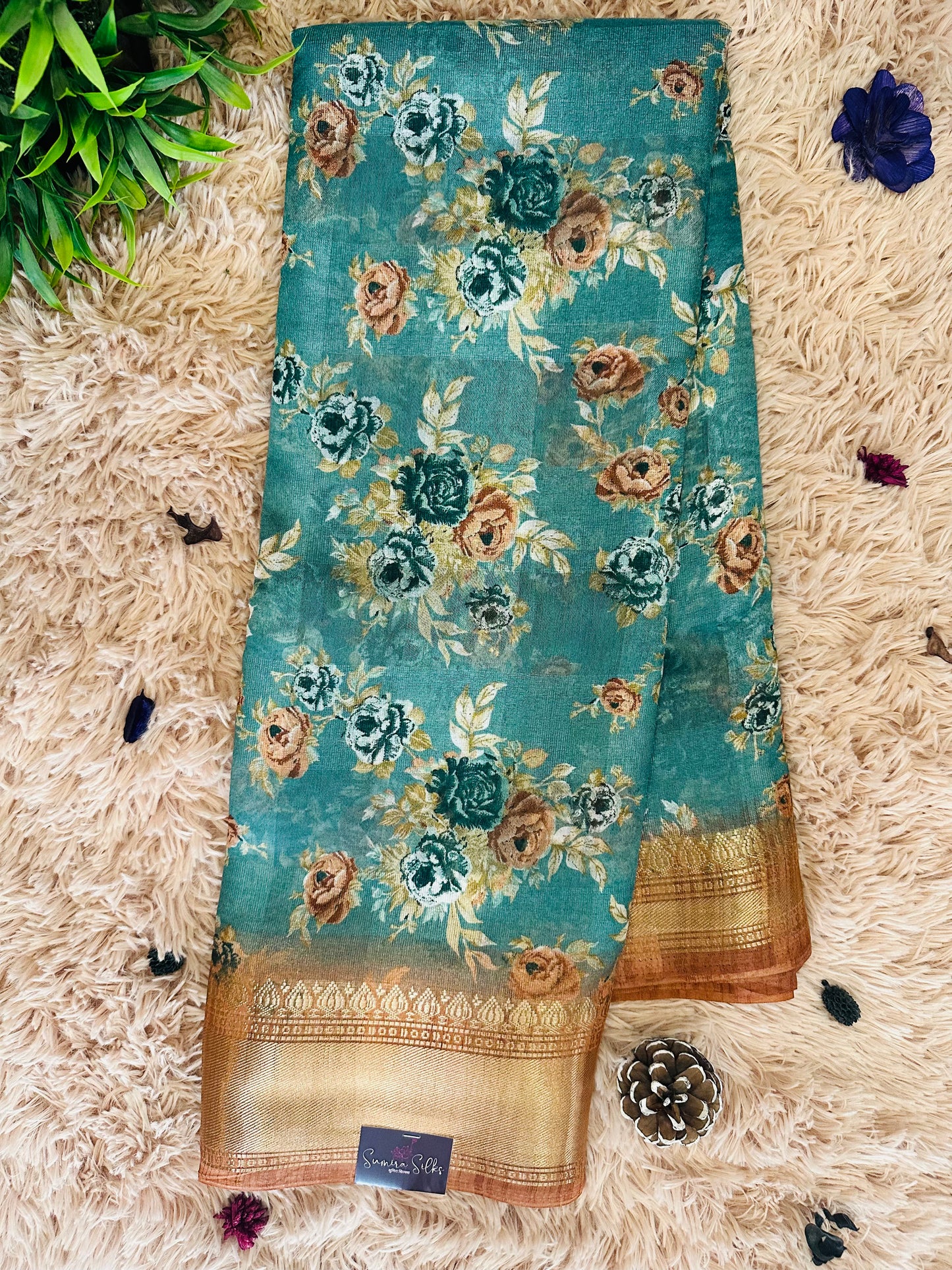 Light Blue Floral Silk Saree with Zari Border