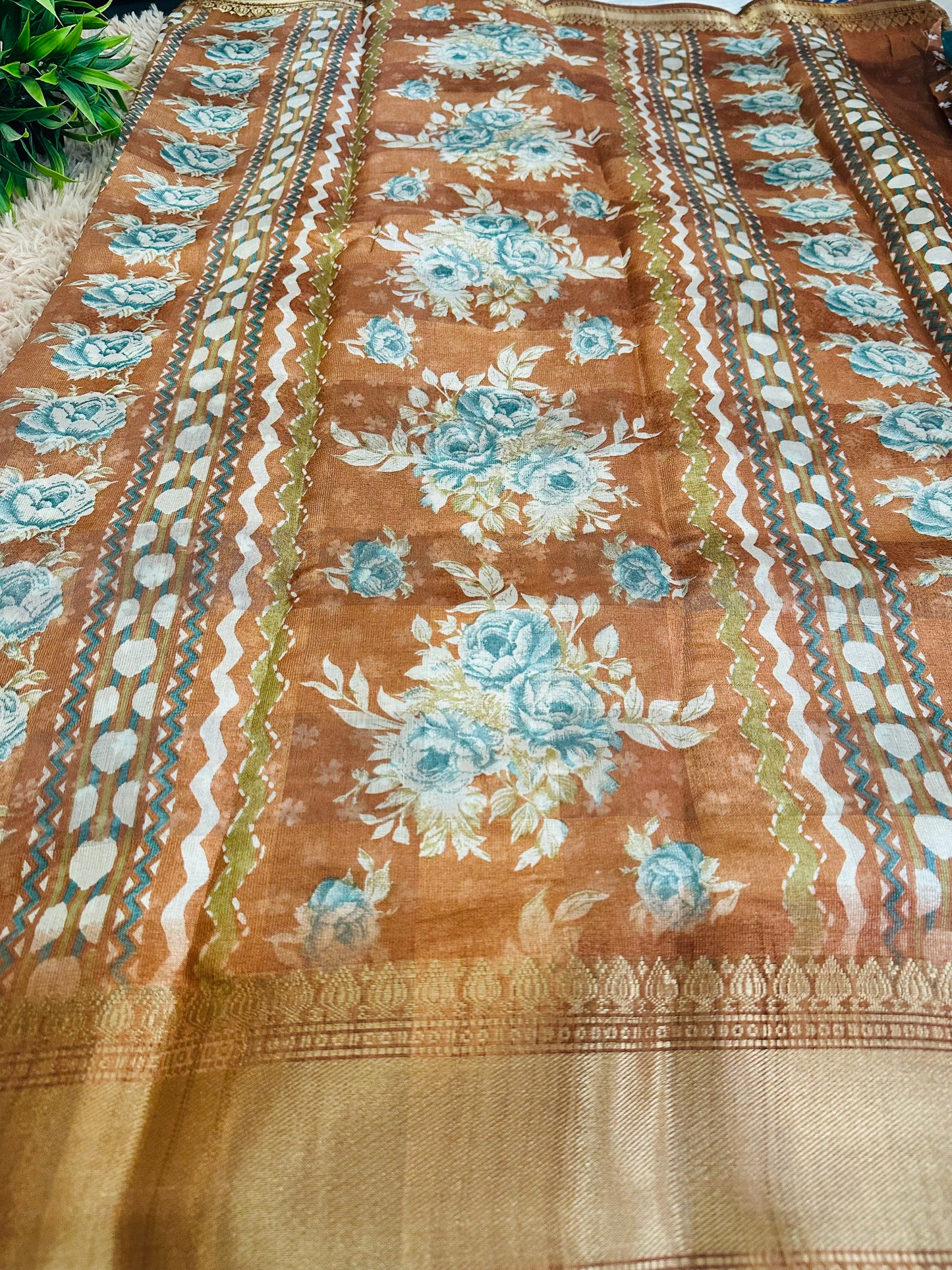 Light Blue Floral Silk Saree with Zari Border