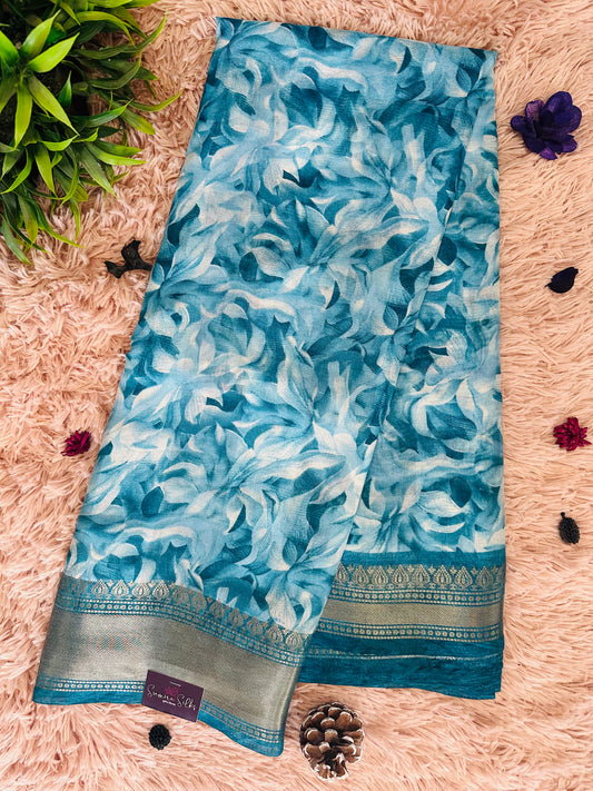 Blue Floral Silk Saree with Zari Border