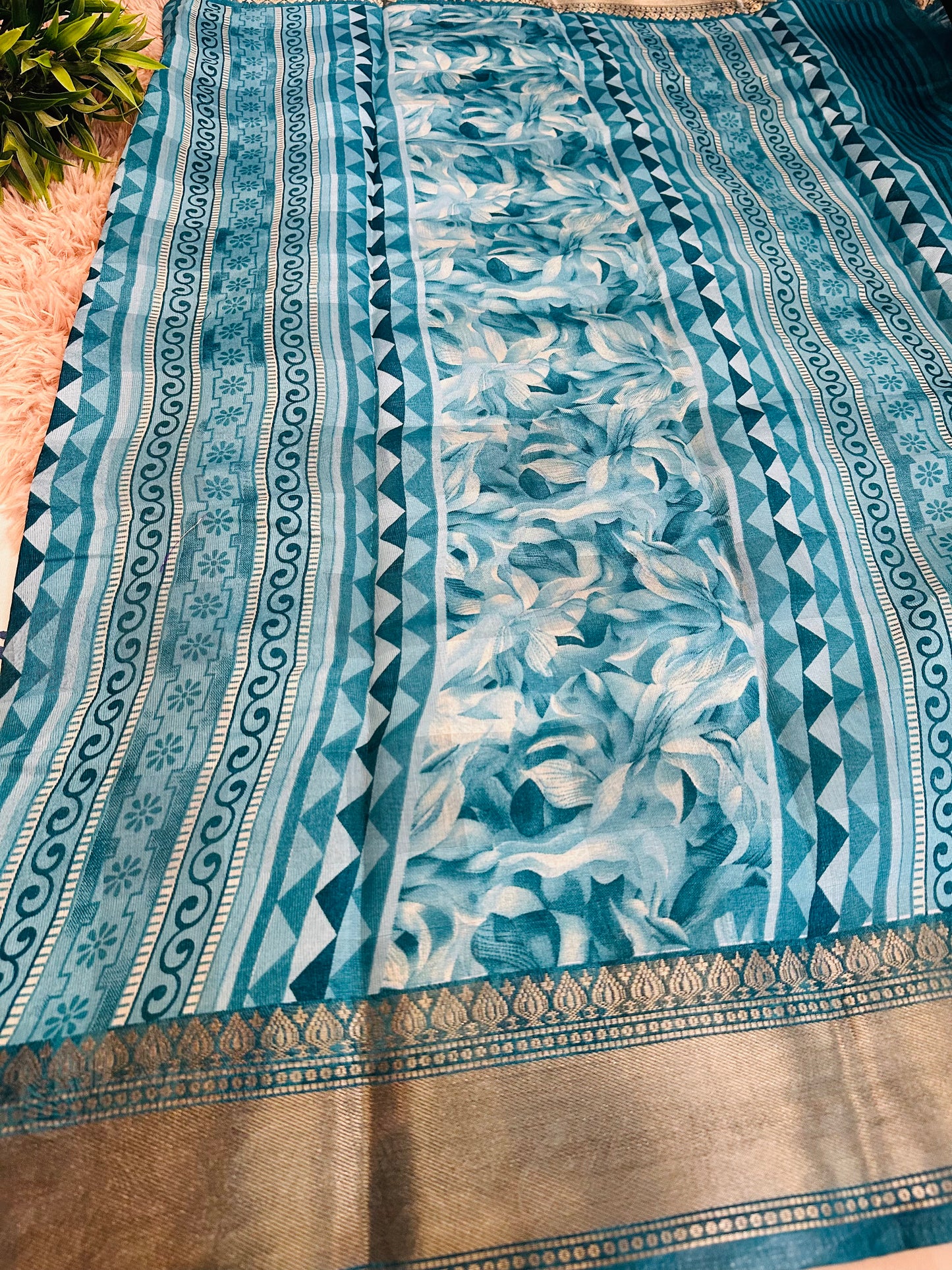 Blue Floral Silk Saree with Zari Border