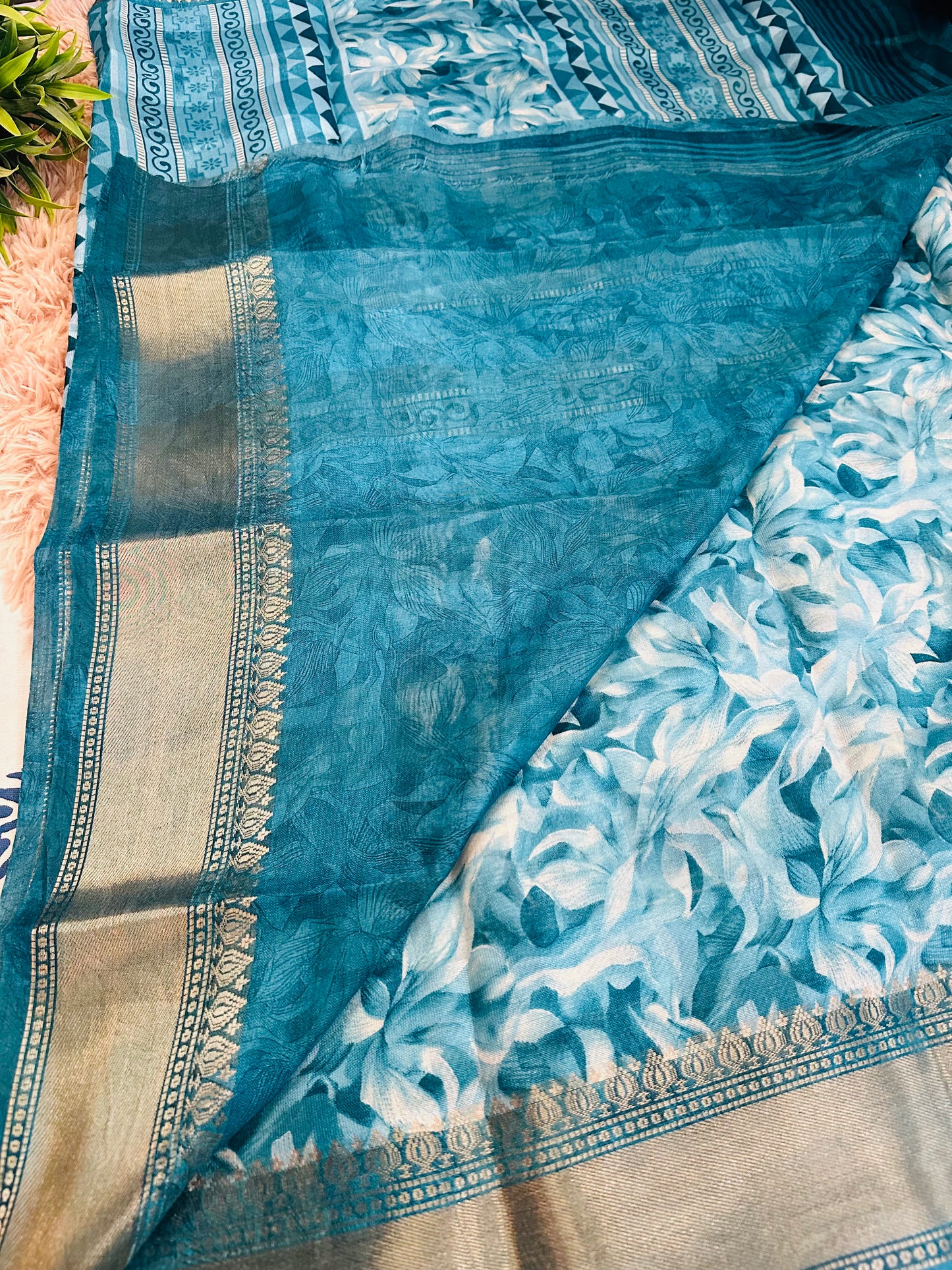 Blue Floral Silk Saree with Zari Border