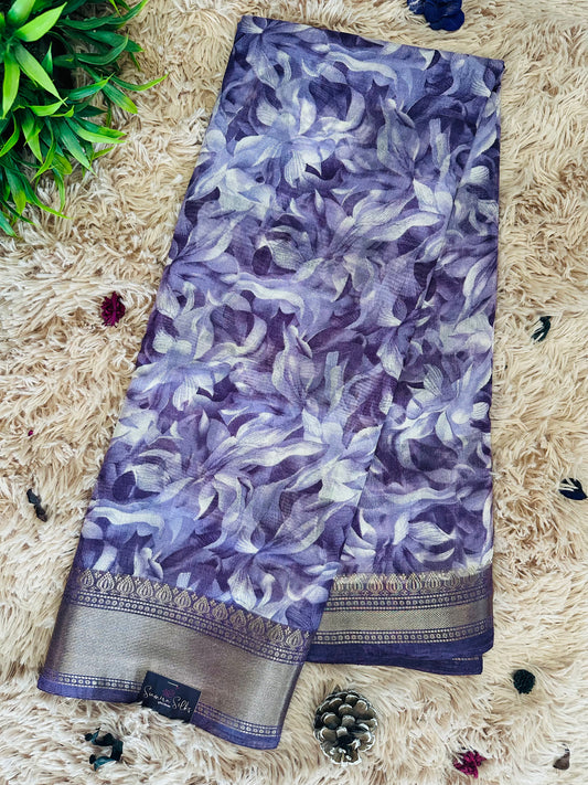 Purple Floral Silk Saree with Zari Border