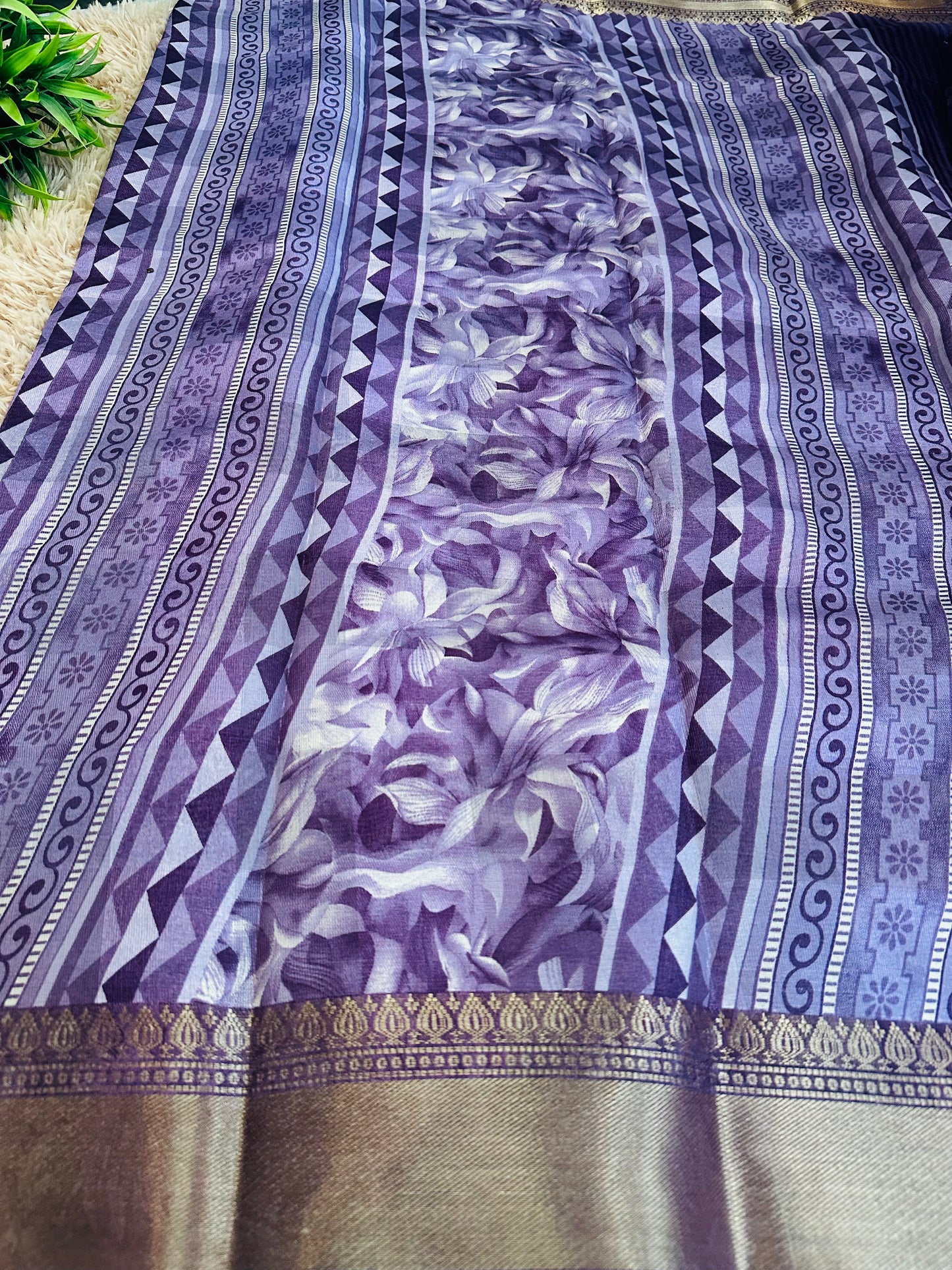 Purple Floral Silk Saree with Zari Border