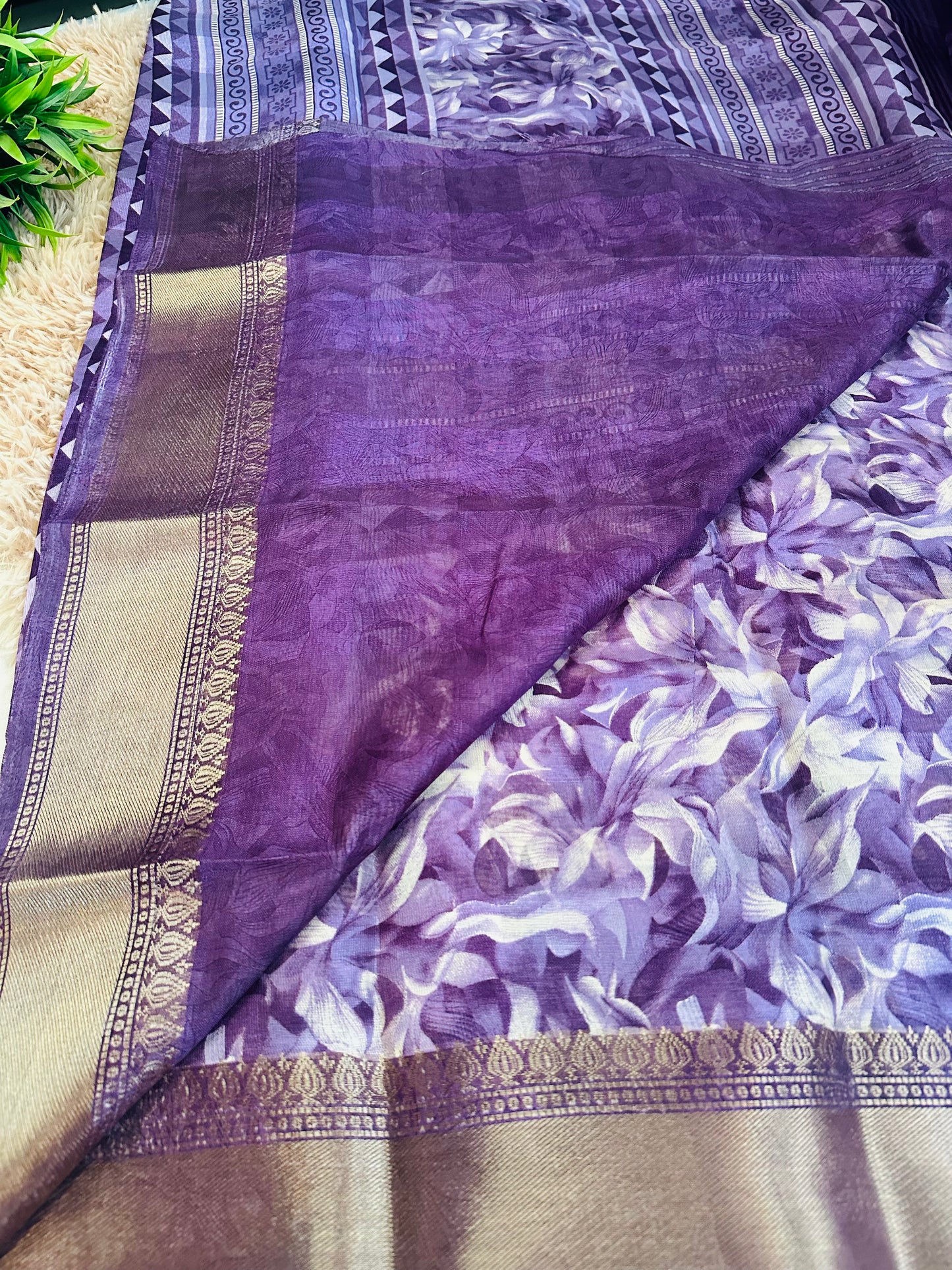 Purple Floral Silk Saree with Zari Border