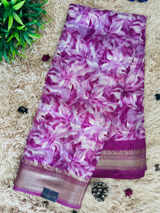 Magenta Floral Silk Saree with Zari Border