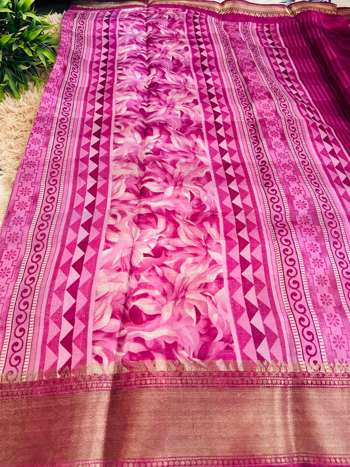 Magenta Floral Silk Saree with Zari Border