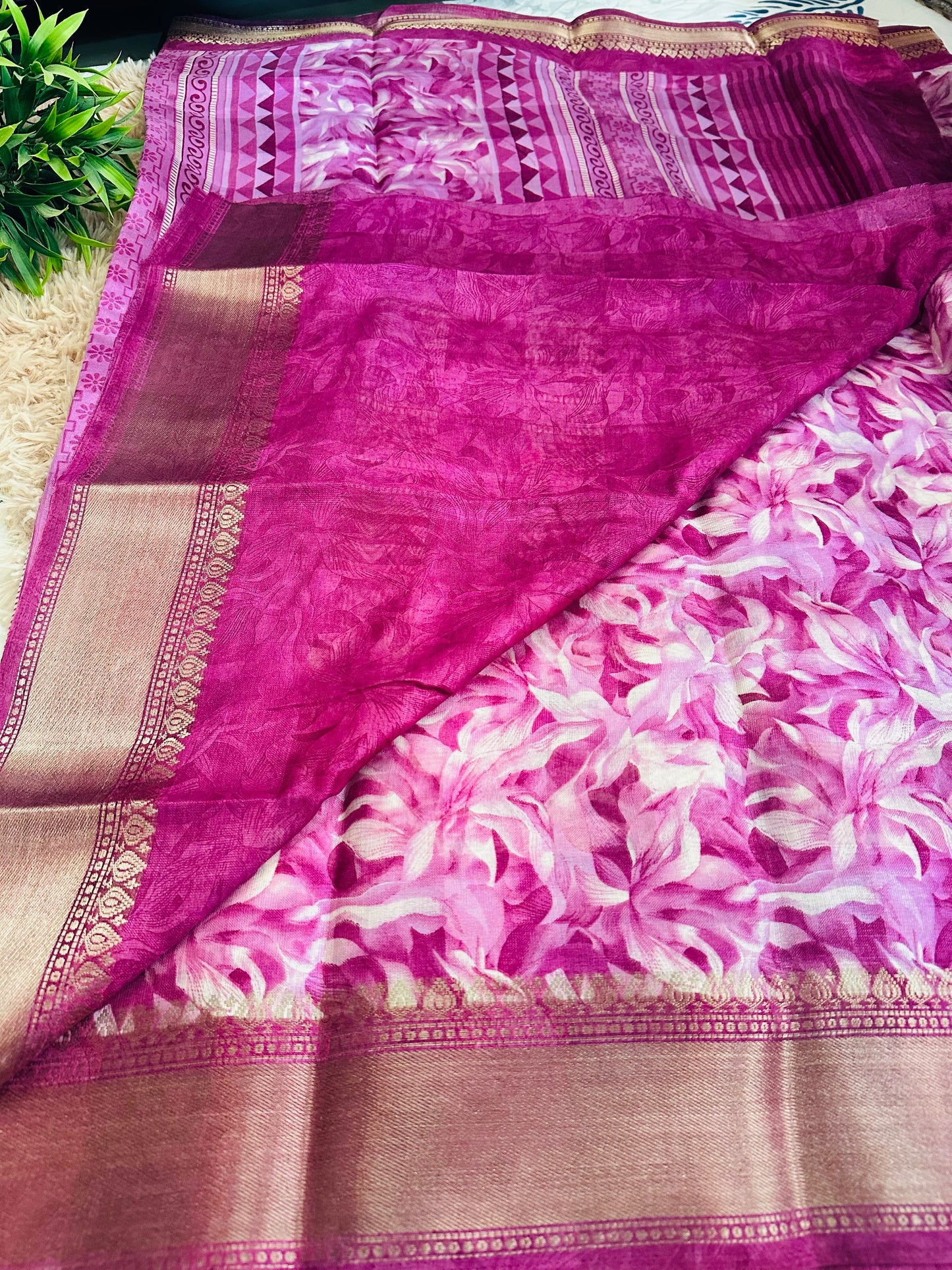 Magenta Floral Silk Saree with Zari Border