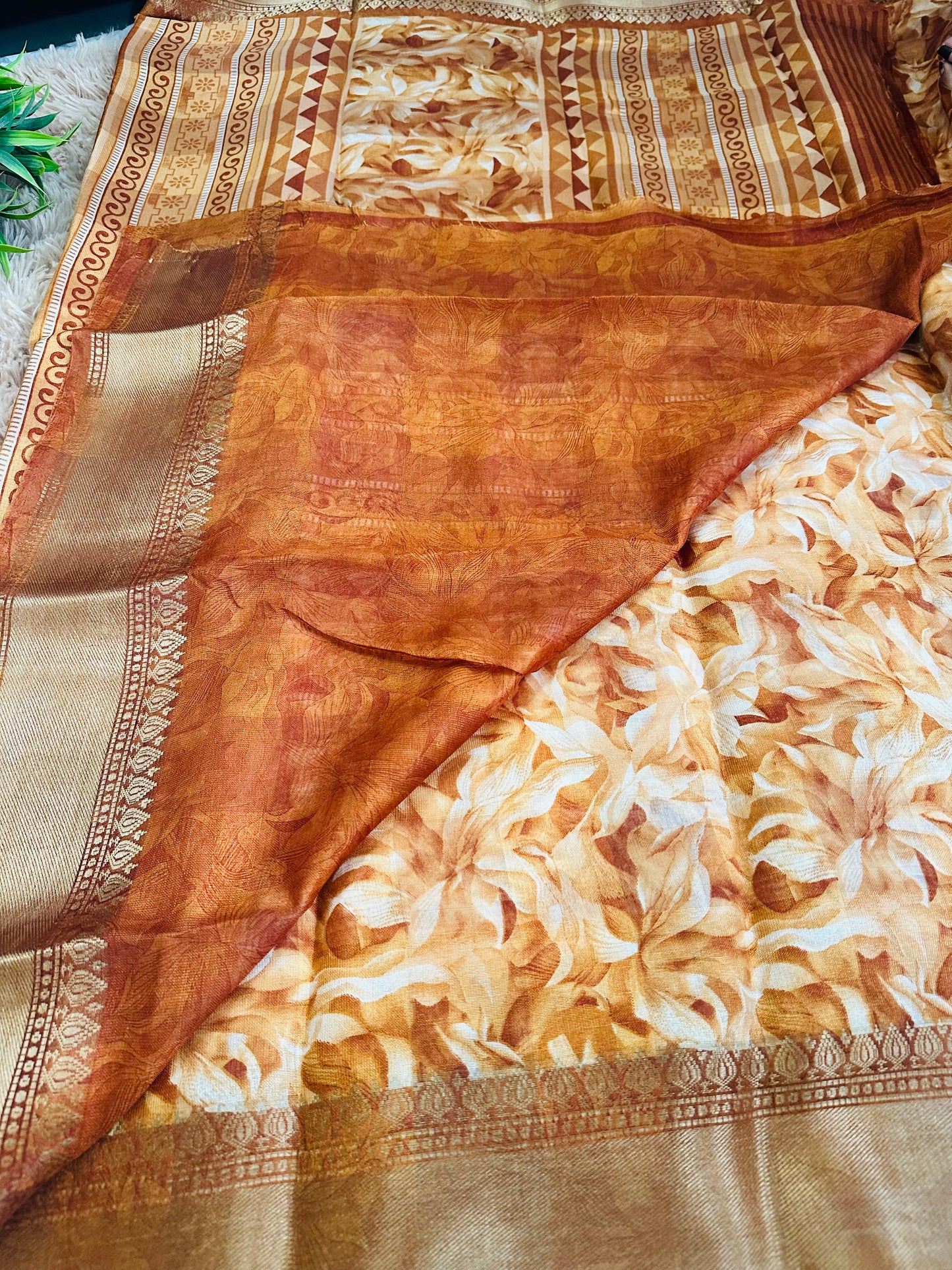 Orange Floral Silk Saree with Zari Border